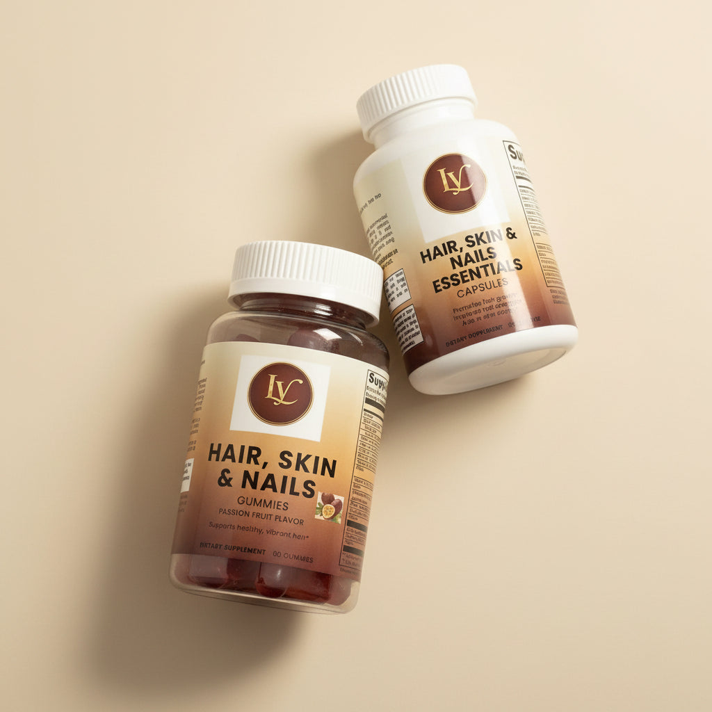 Lyannessence Hair, Skin and Nails supplements — capsules and passion fruit gummies