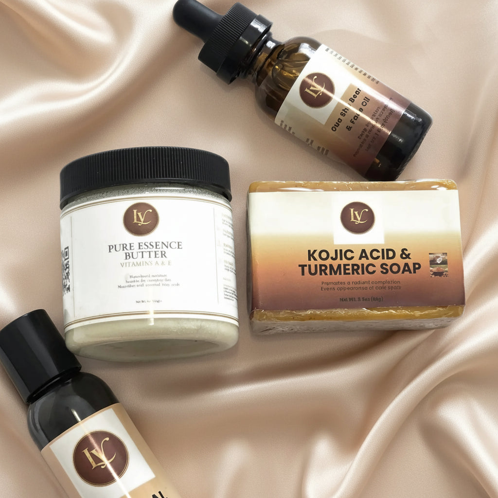 Lyannessence men's skin set , kojic acid turmeric soap, pure essence butter, charcoal facial cleanser and gua sha face oil
